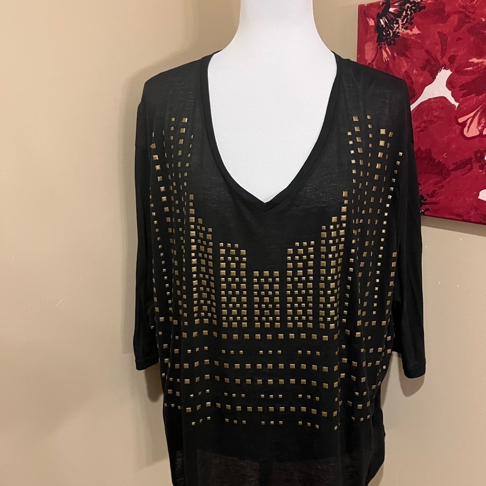 Umgee Black Blouse with 3/4 Sleeve Graphic Gold Embellishments